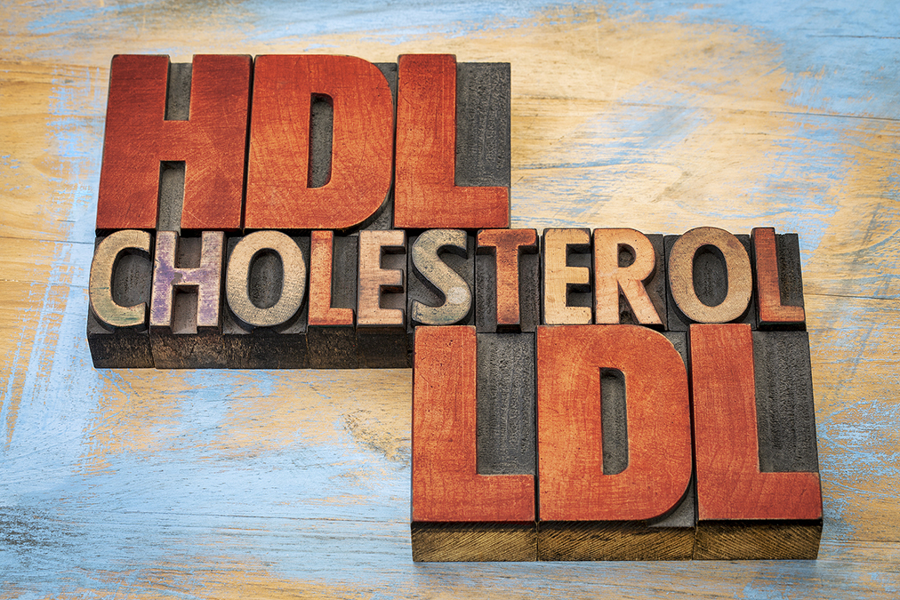 Cholesterol Myth Busted –New Study HDL and LDL cholesterol word abstract in vintage letterpress woo